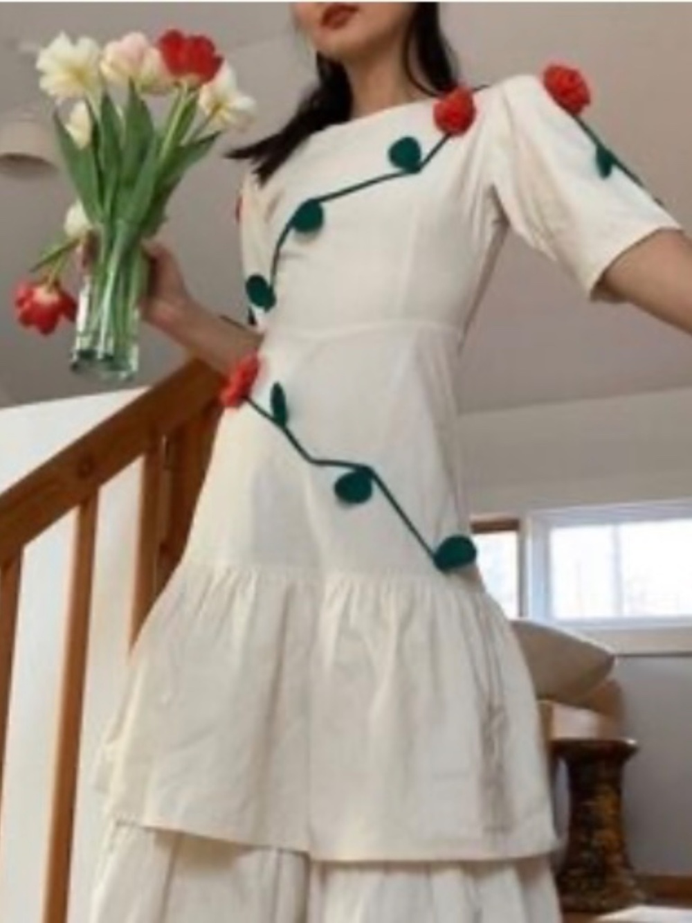 Whimsical Persephone Ivory Cotton 3D Rose Dress NWOT Size XL (Tagged 18)